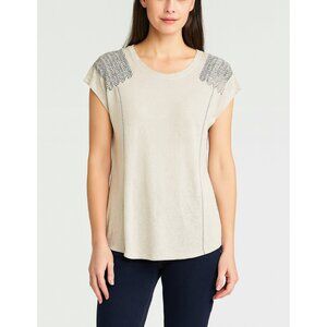 Bunulu Women's Elegant Cream Black Detailing Short Sleeve T-Shirt Size 1X